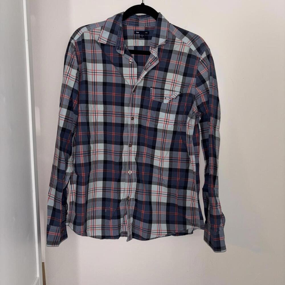 Men’s Gap Blue and Orange Plaid Long Sleeve Button Down Shirt Work Casual